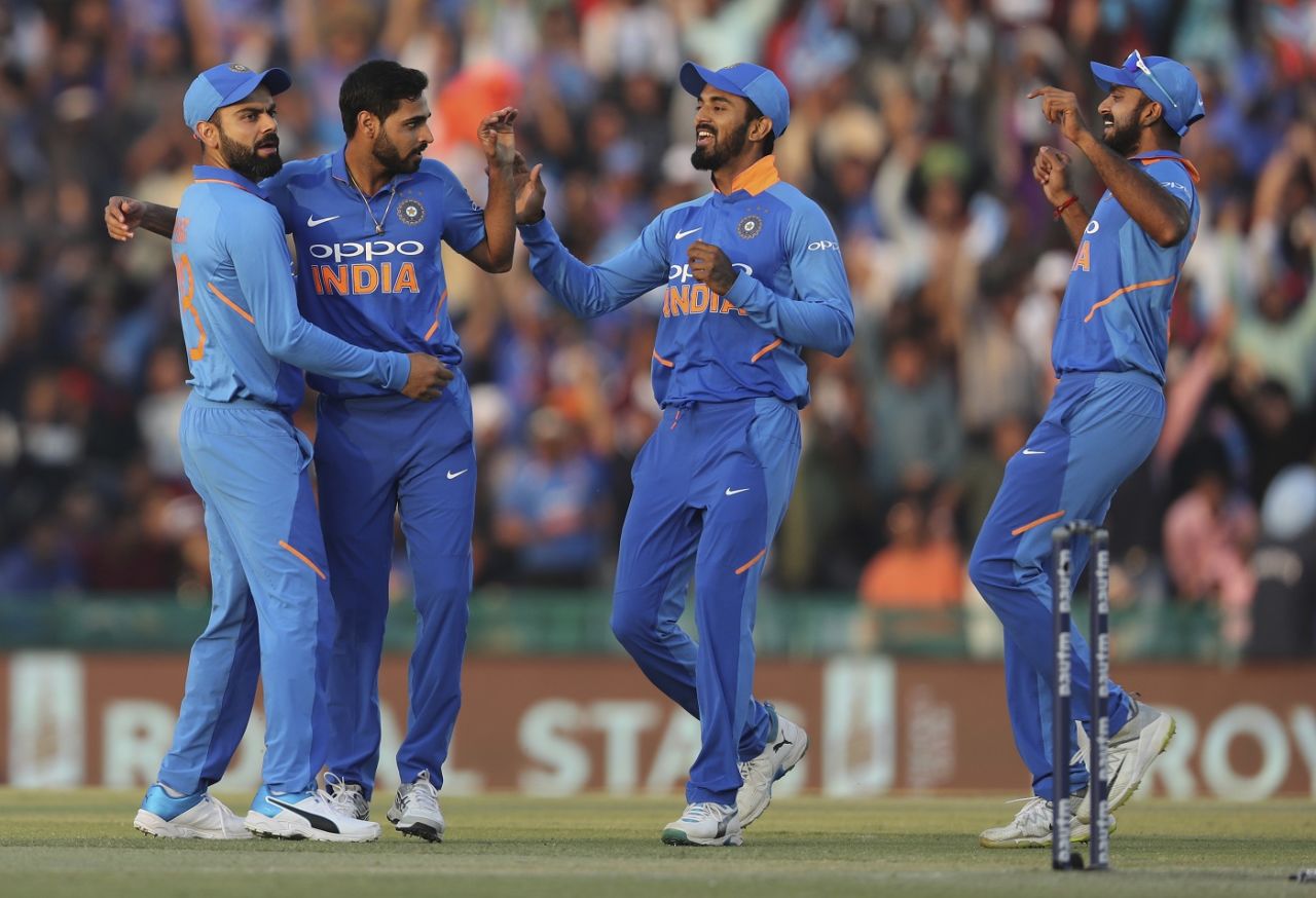 Bhuvneshwar Kumar celebrates a wicket, India v Australia, 4th ODI, Mohali, March 10, 2019