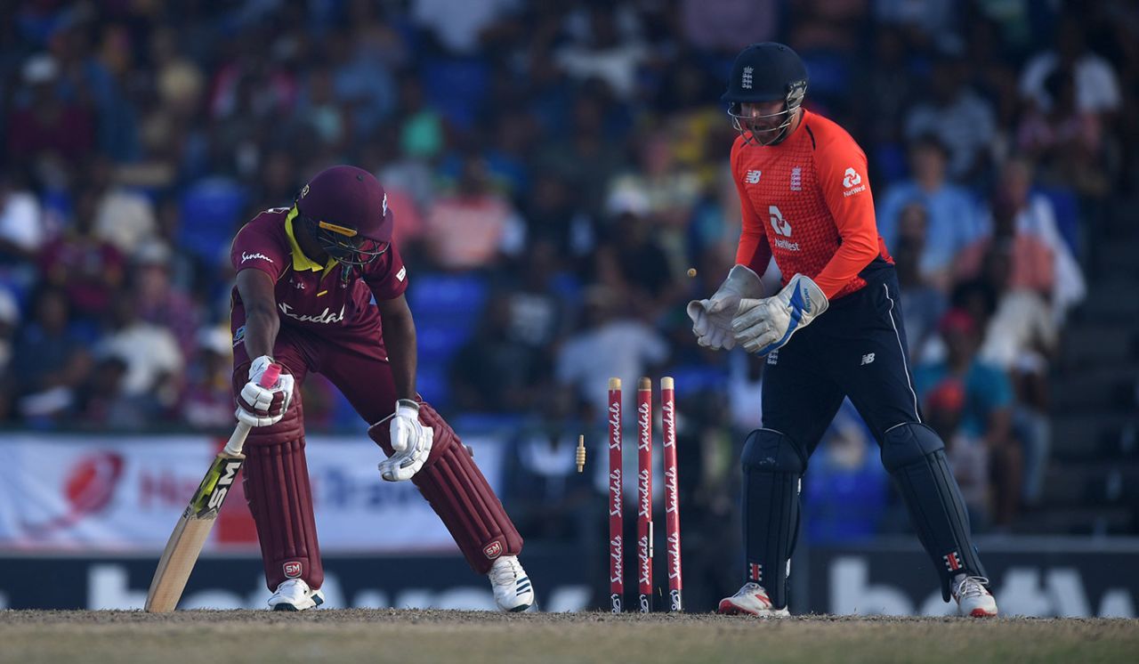 Obed McCoy was bowled by Adil Rashid, West Indies v England, 3rd T20I, St Kitts, March 10, 2019