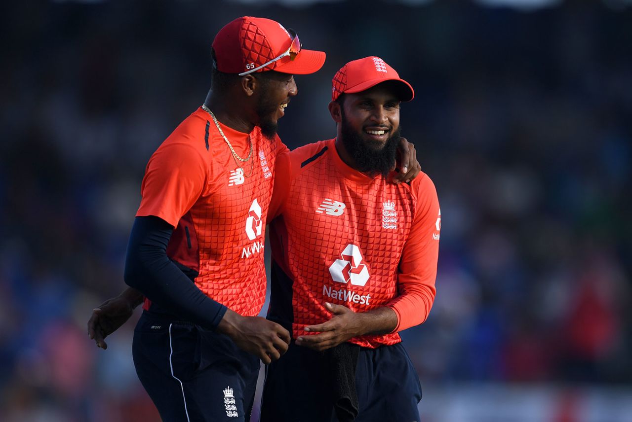 Chris Jordan and Adil Rashid celebrate a job well done, West Indies v England, 3rd T20I, St Kitts, March 10, 2019
