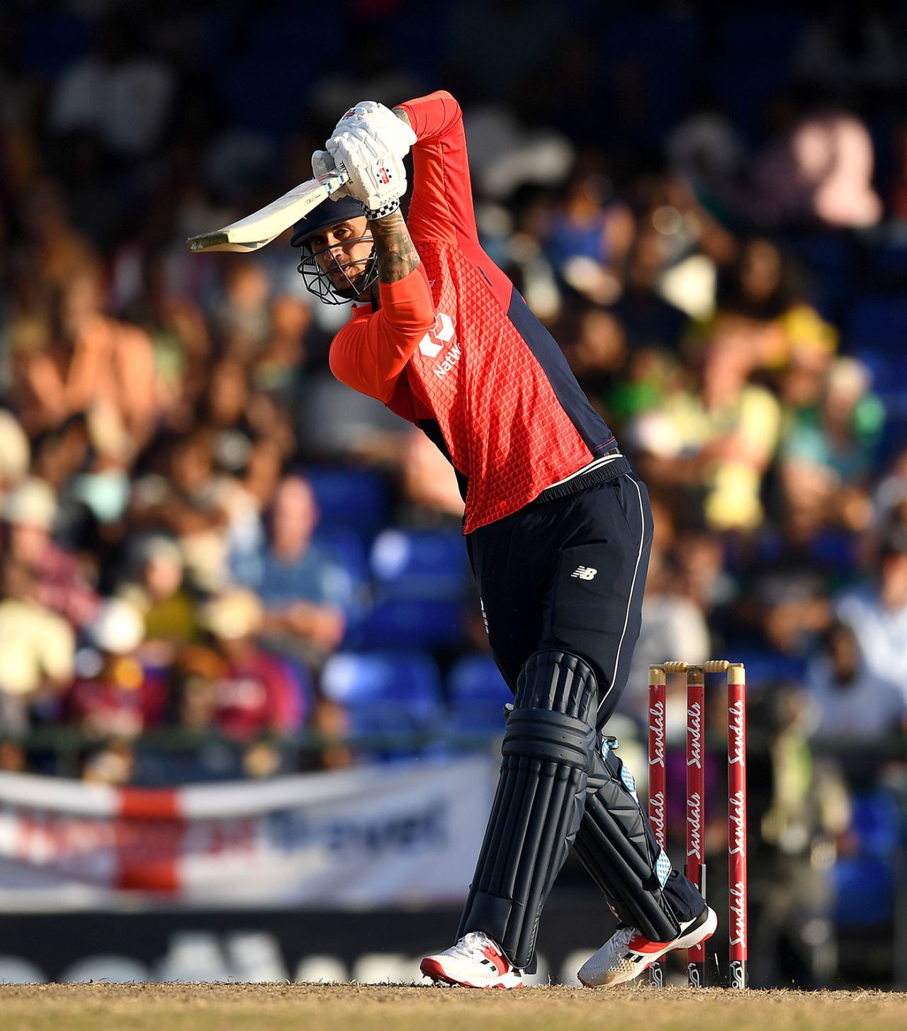 Alex Hales drives down the ground, West Indies v England, 3rd T20I, St Kitts, March 10, 2019