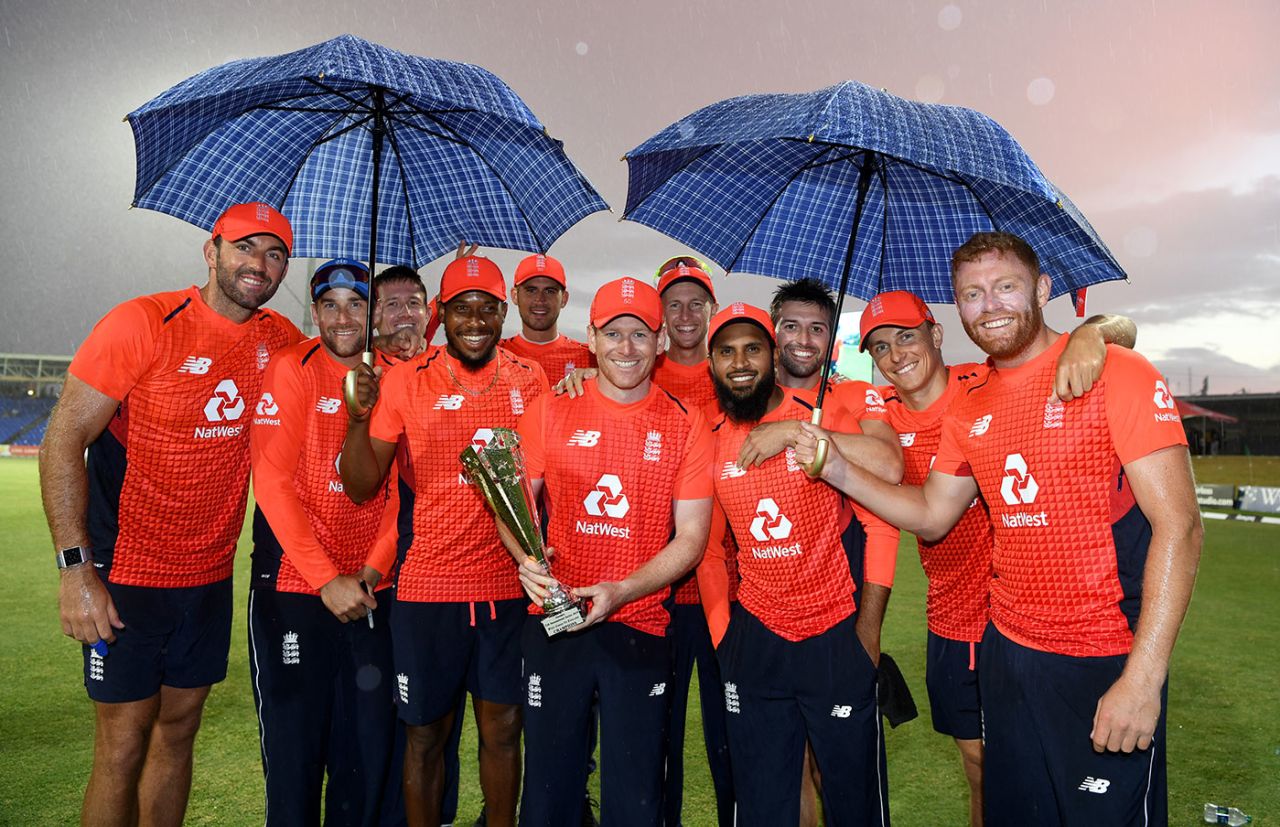 England's T20 squad celebrate their 3-0 clean sweep, West Indies v England, 3rd T20I, St Kitts, March 10, 2019