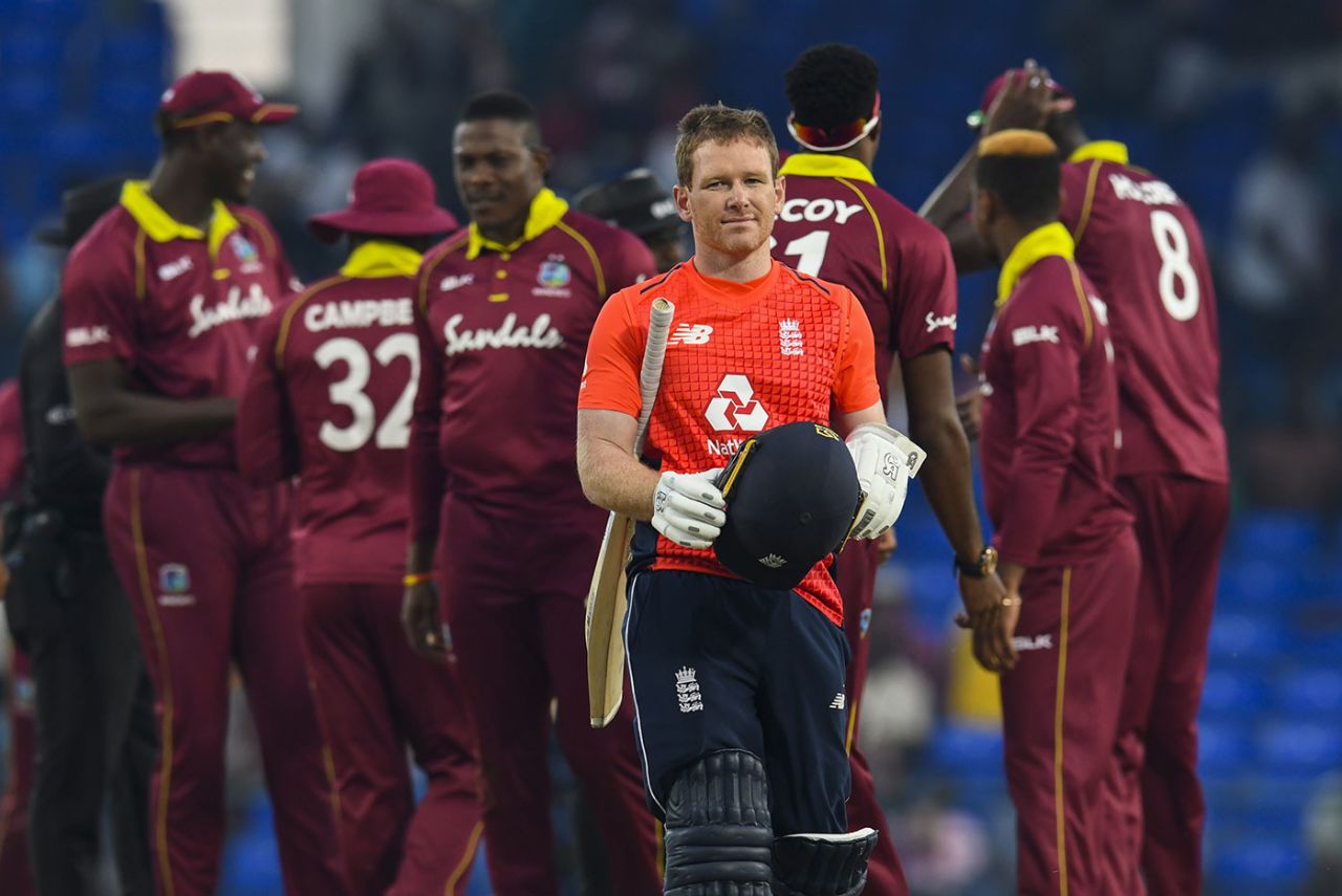 Eoin Morgan leaves the field after sealing England's 3-0 clean sweep, West Indies v England, 3rd T20I, St Kitts, March 10, 2019
