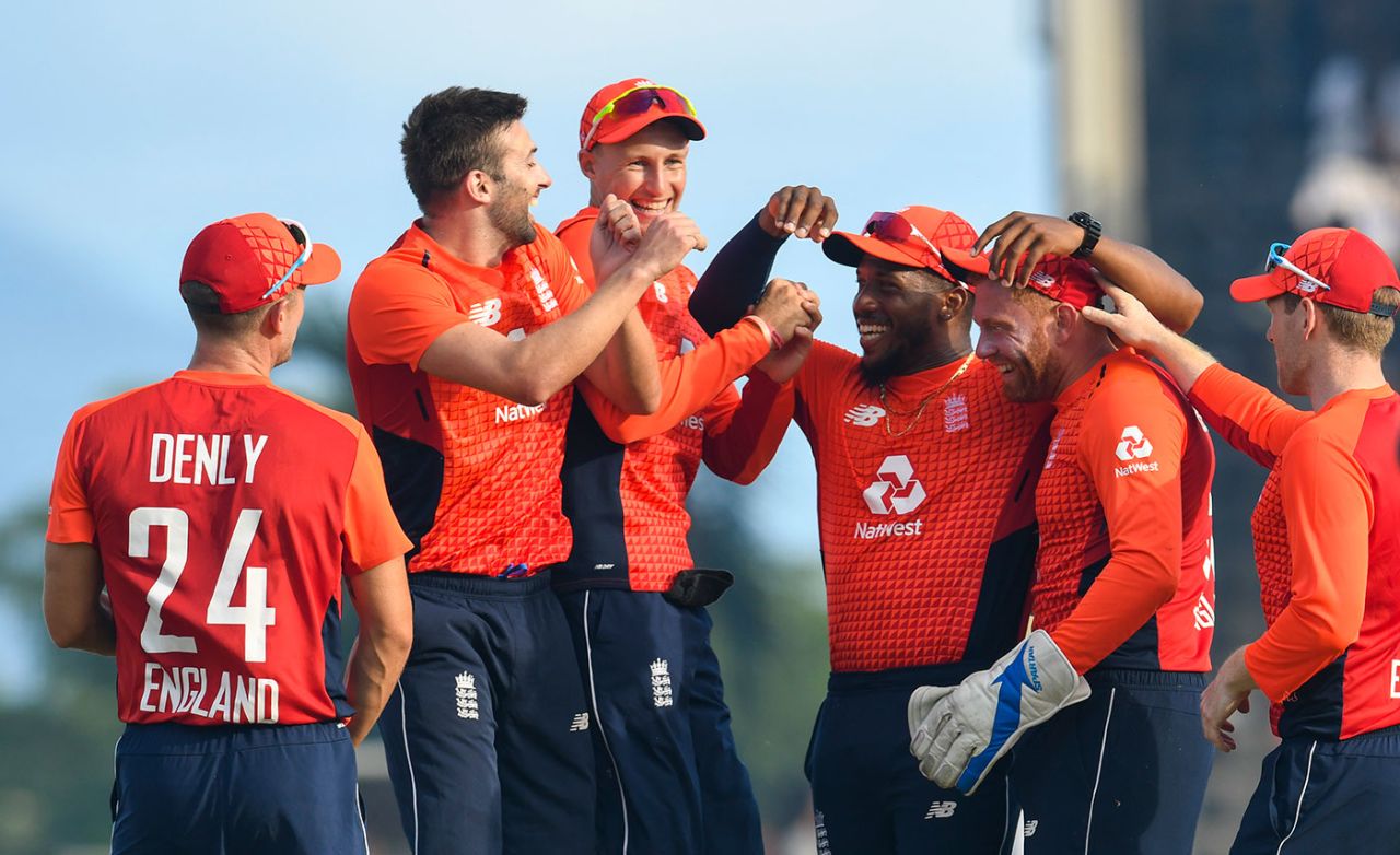 England celebrate as another West Indies wicket falls, West Indies v England, 3rd T20I, St Kitts, March 10, 2019