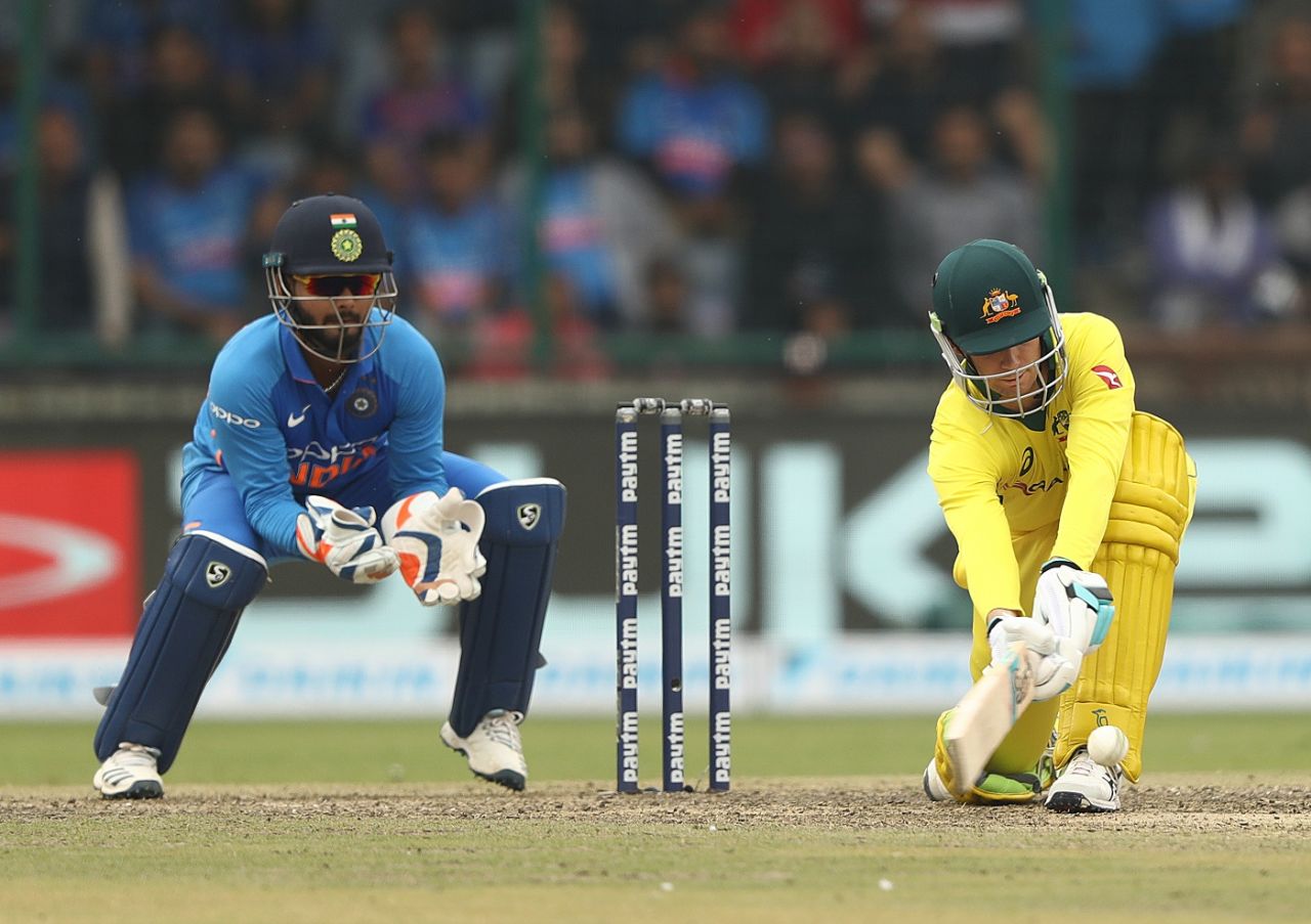 The sweep is a productive shot for Peter Handscomb, India v Australia, 5th ODI, New Delhi, March 14, 2019