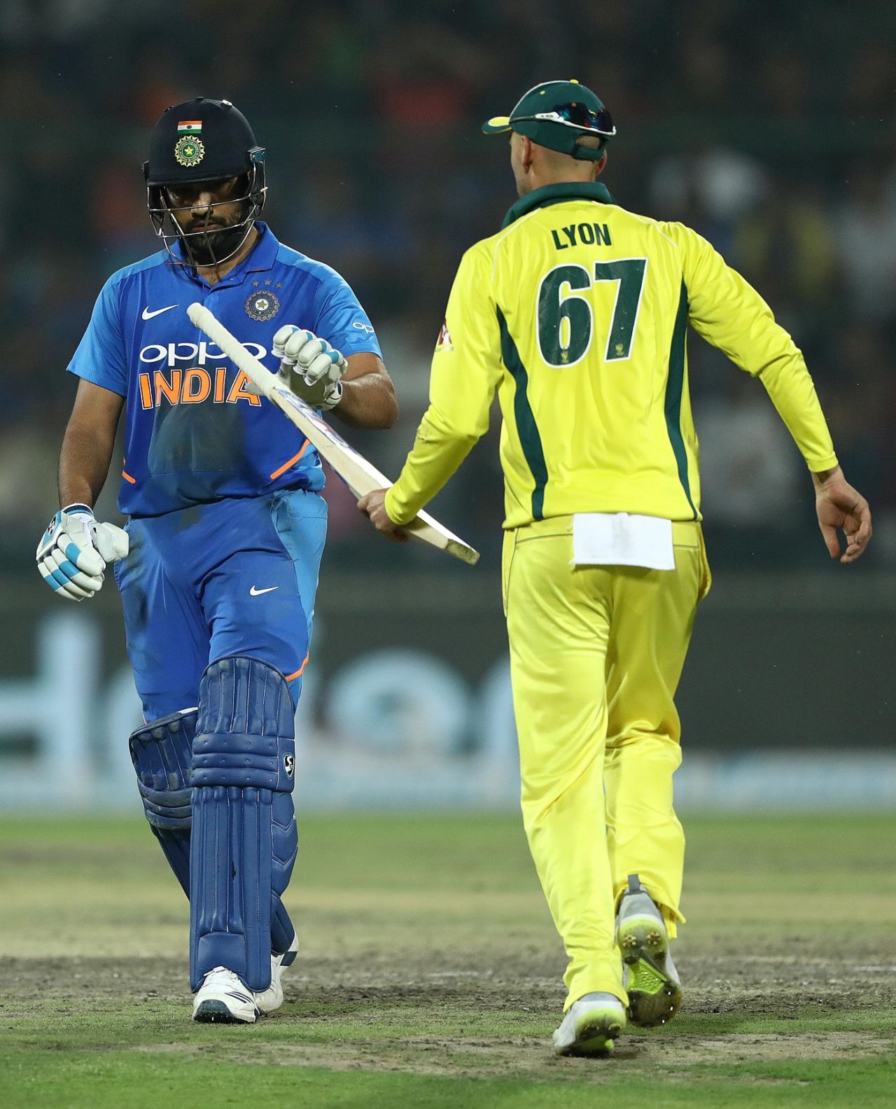 Rohit Sharma lost his bat and his wicket to the same ball, India v Australia, 5th ODI, New Delhi, March 13, 2019