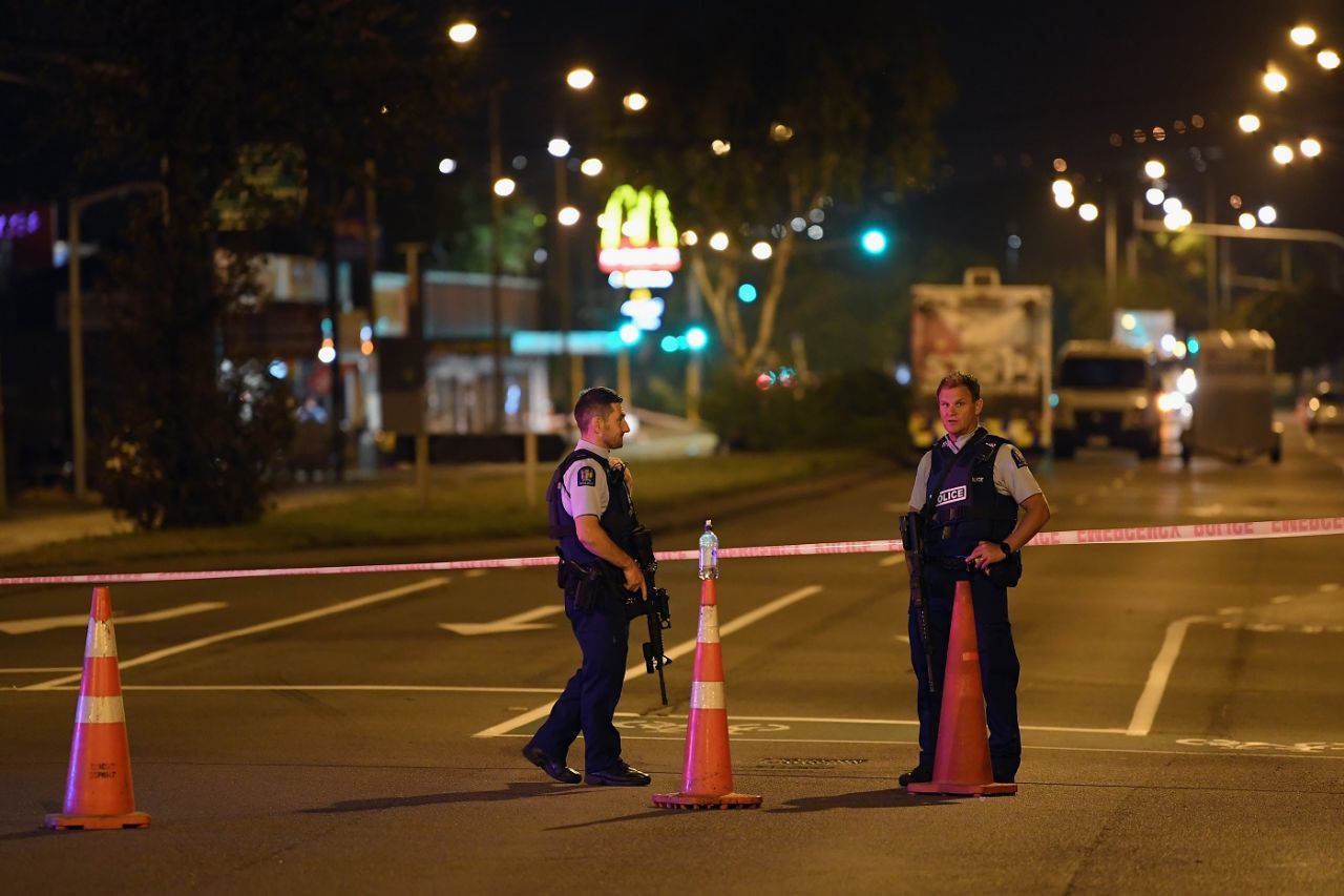 Security officers continued to maintain a cordon around the site of one of the attacks, Christchurch, March 15, 2019