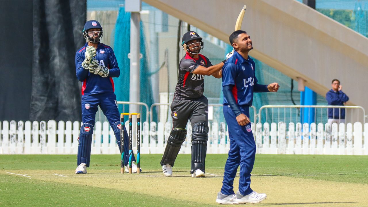 Shaiman Anwar launches Timil Patel over the leg side for one of his five sixes, UAE v USA, 2nd T20I, Dubai, March 16, 2019