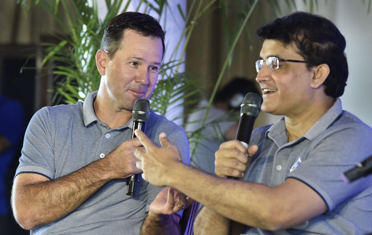 Ricky Ponting and Sourav Ganguly, coach and advisor with Delhi Capitals respectively, share a laugh at a press event