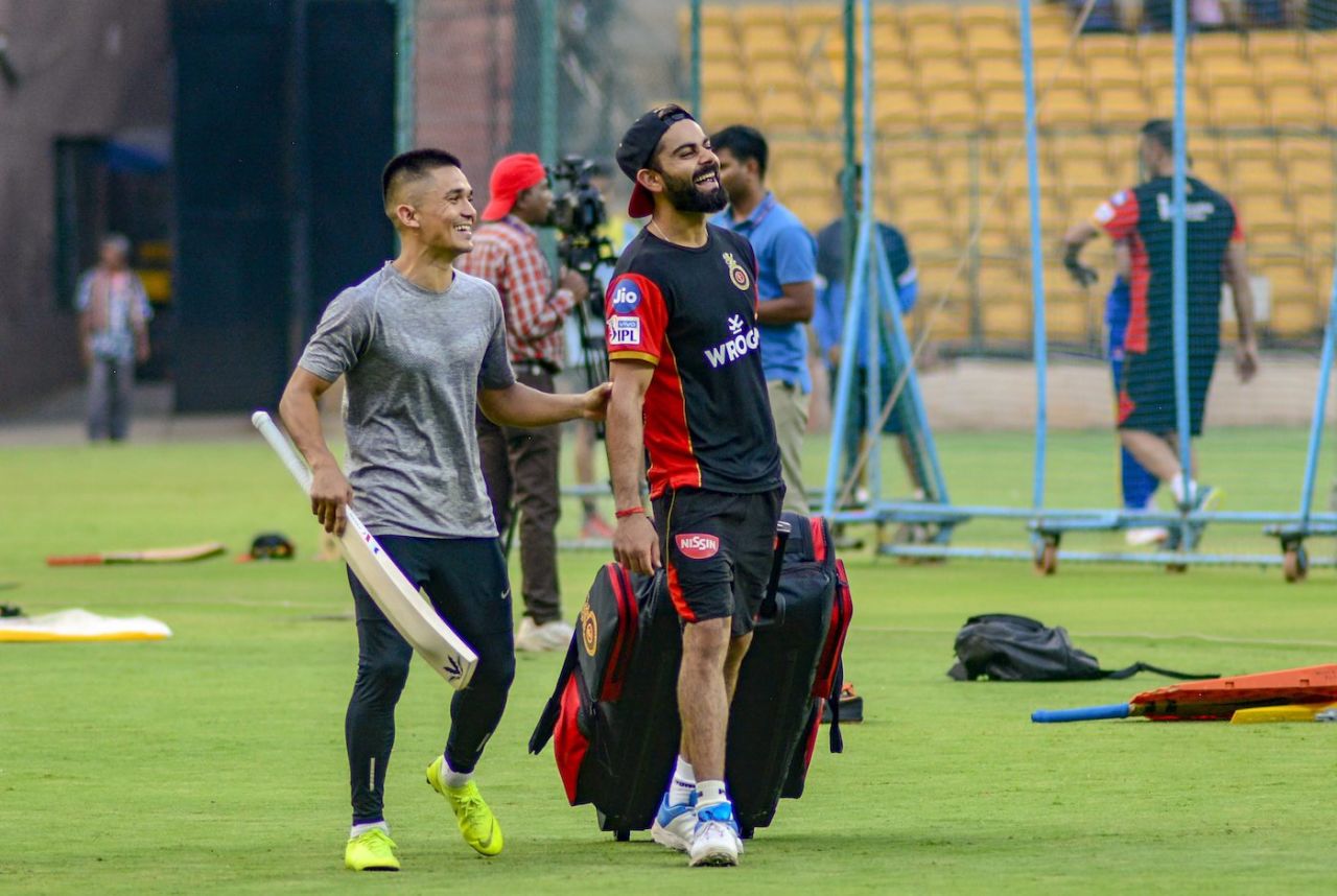 India's football team captain Sunil Chhetri joined Virat Kohli at the RCB camp, Bengaluru, March 19, 2019