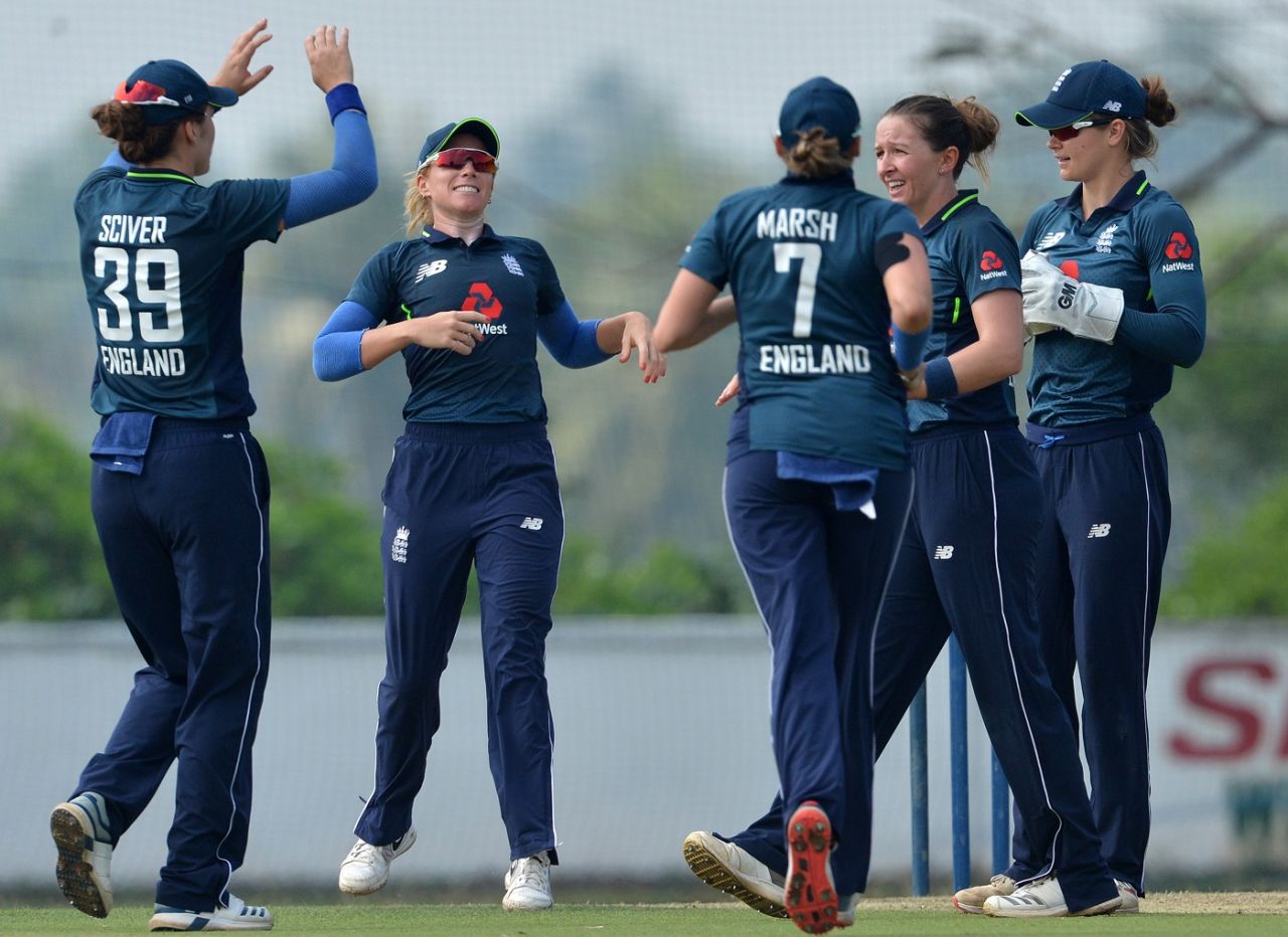 Kate Cross (second from right) had Sri Lanka in trouble early on with quick wickets, Sri Lanka v England, 3rd ODI, ICC Women's Championship, Katunayake, March 21, 2019