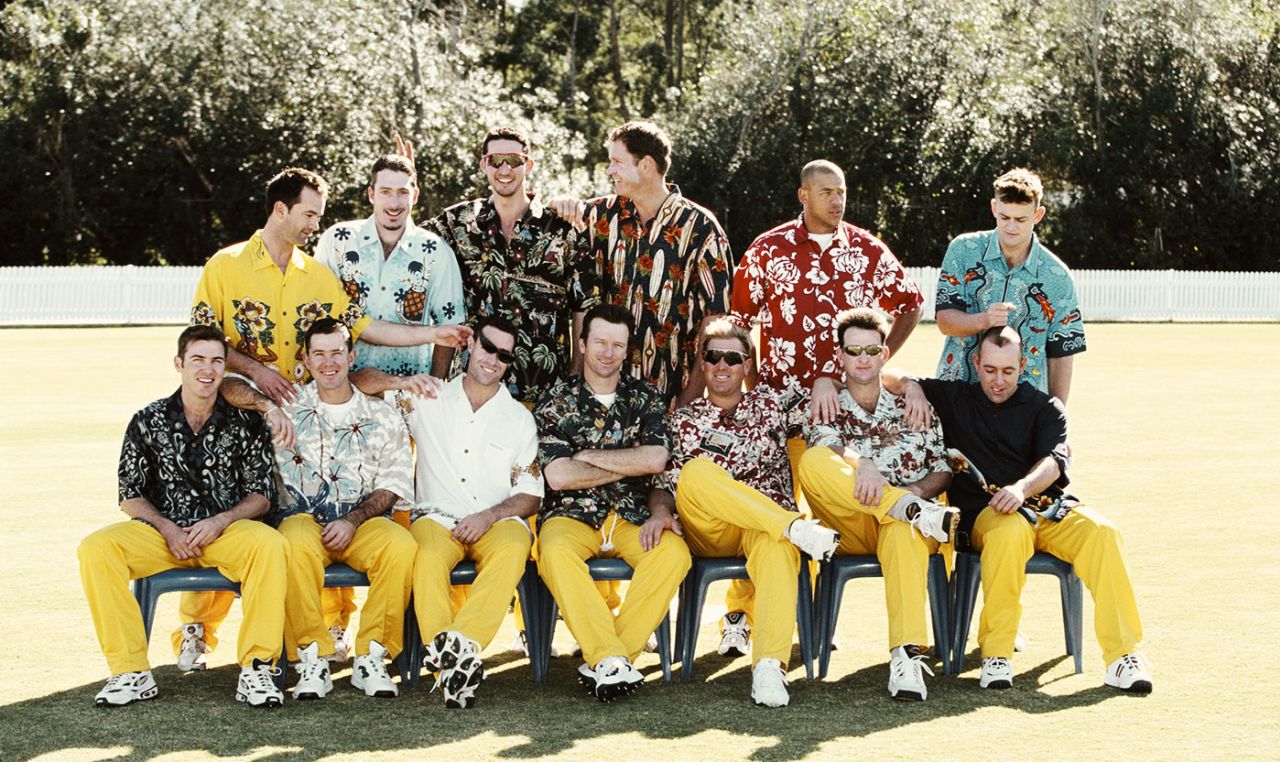 The Australian one-day squad pose in Hawaiian shirts in Brisbane. Back row: (left to right) Adam Dale, Damien Fleming, Jason Gillespie, Tom Moody, Andrew Symonds and Adam Gilchrist. Front row: Damien Martyn, Ricky Ponting, Michael Bevan, Steve Waugh, Shane Warne, Mark Waugh and Darren Lehmann, August 15, 1999