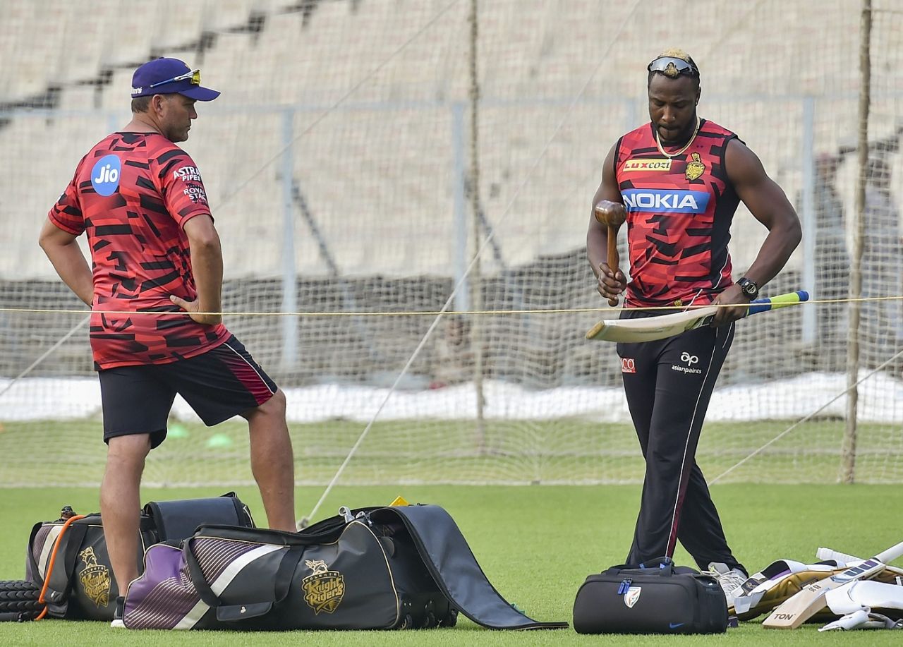 Coach Jacques Kallis and Andre Russell at a KKR training session