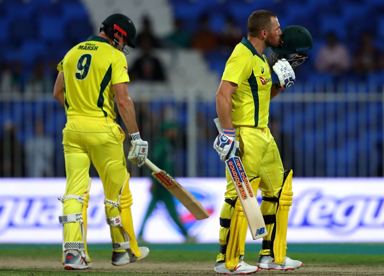 Aaron Finch celebrates by kissing the Australia badge, Pakistan v Australia, 1st ODI, Sharjah, March 22, 2019