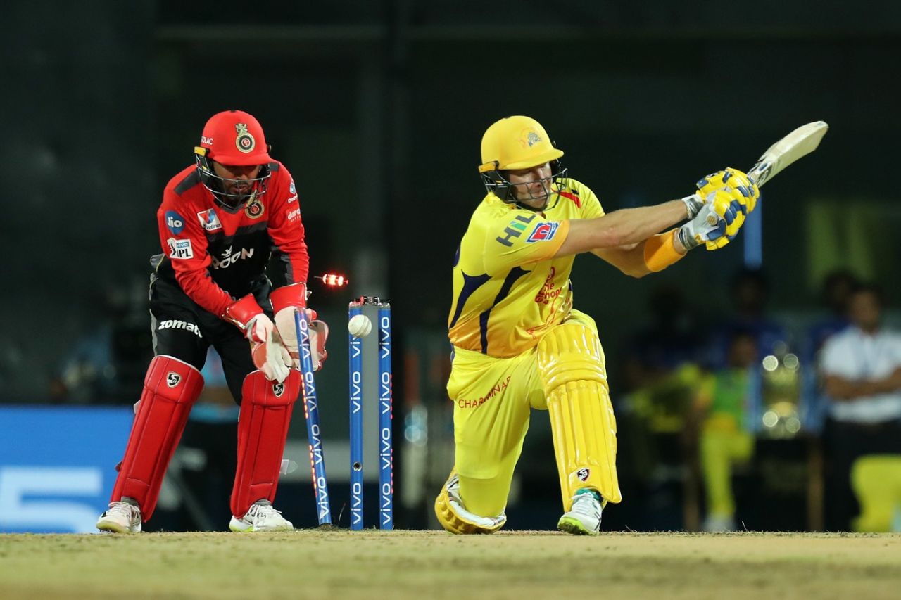 Shane Watson is bowled, Chennai Super Kings v Royal Challengers Bangalore, Chennai, IPL 2019, March 23, 2019