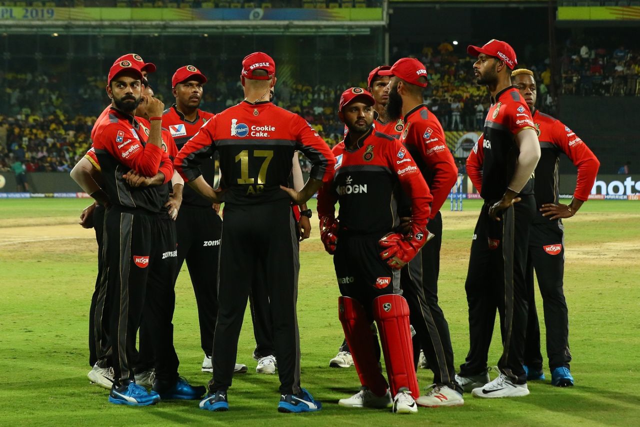 A pensive RCB side wait to take the field, Chennai Super Kings v Royal Challengers Bangalore, Chennai, IPL 2019, March 23, 2019