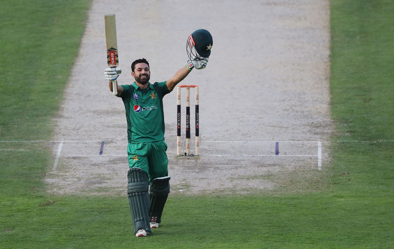 Mohammad Rizwan celebrates his maiden ODI hundred, Pakistan v Australia, 2nd ODI, Sharjah, March 24, 2019