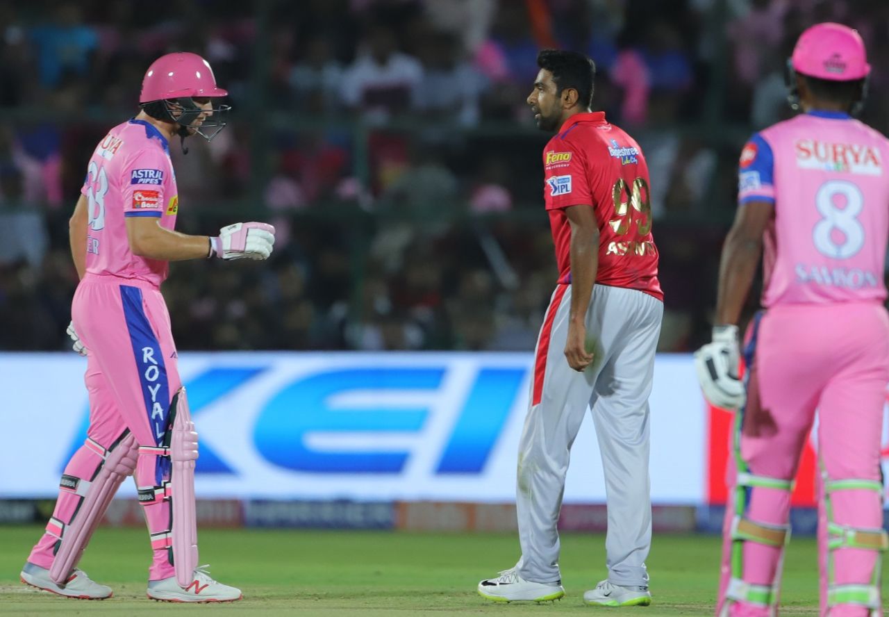 Jos Buttler and R Ashwin have an exchange after the mankading incident, Rajasthan Royals v Kings XI Punjab, Indian Premier League 2019, Jaipur, March 25, 2019