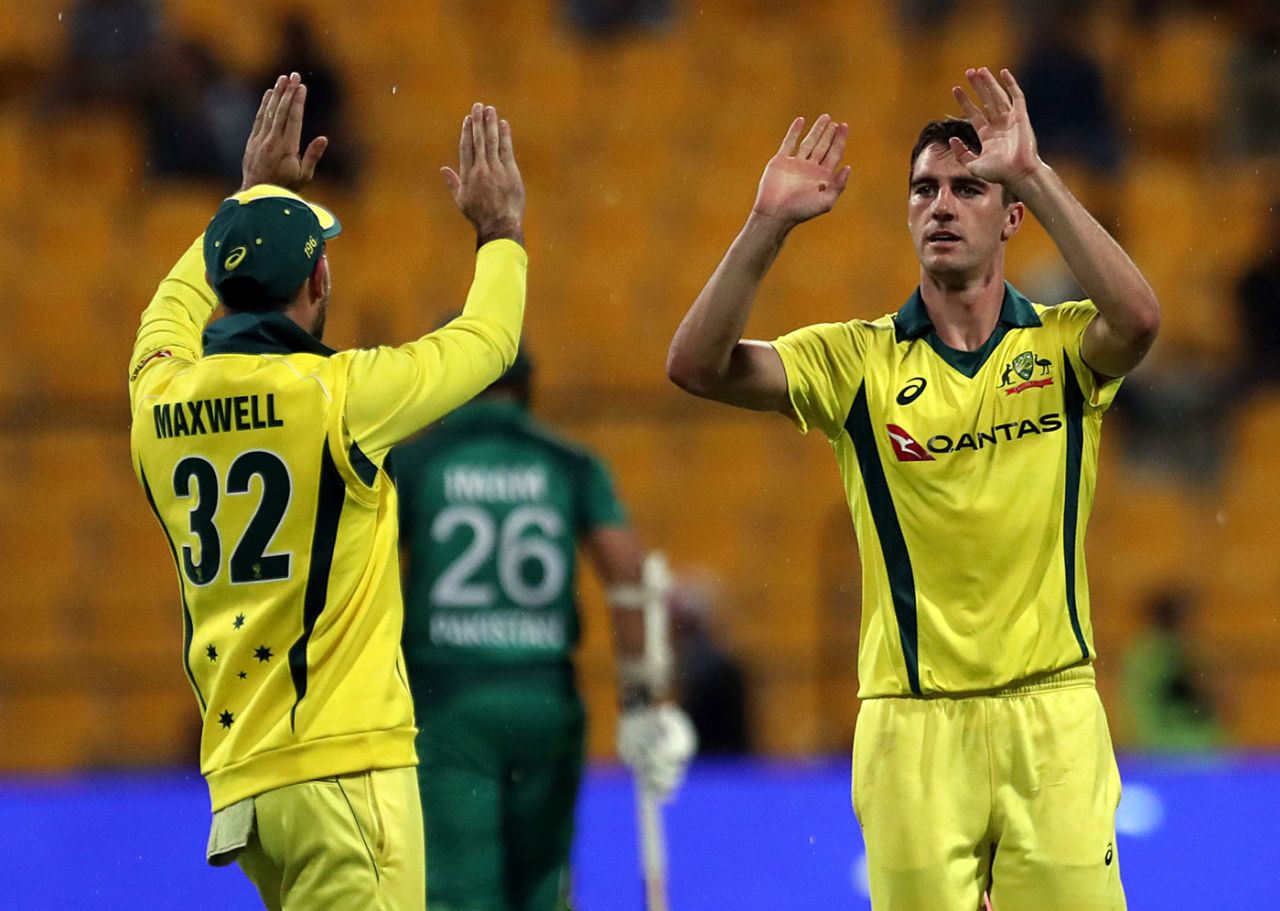 Pat Cummins and Glenn Maxwell celebrate, Pakistan v Australia, 3rd ODI, Abu Dhabi, March 27, 2019