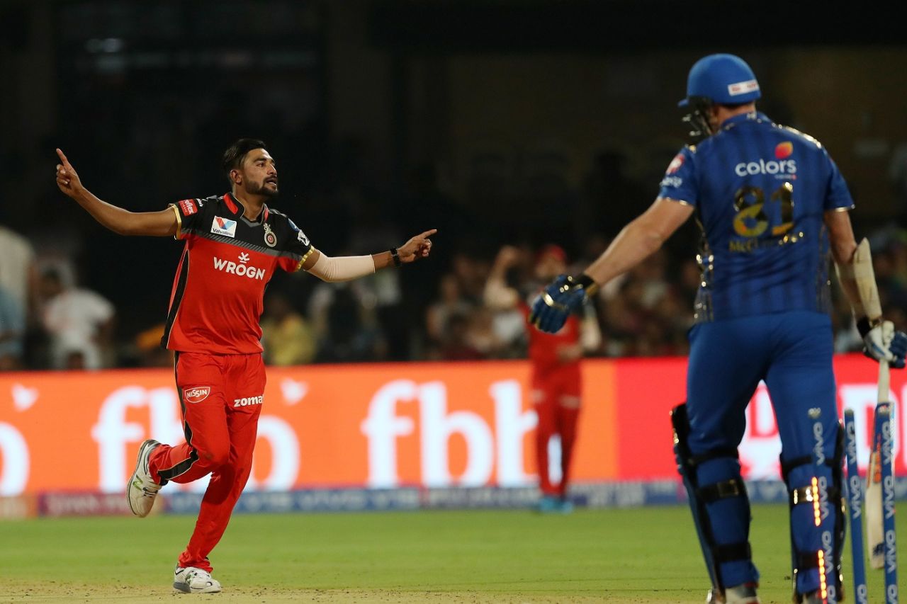 Mohammed Siraj celebrates a wicket, Royal Challengers Bangalore v Mumbai Indians, IPL 2019, Bengaluru, March 28, 2019