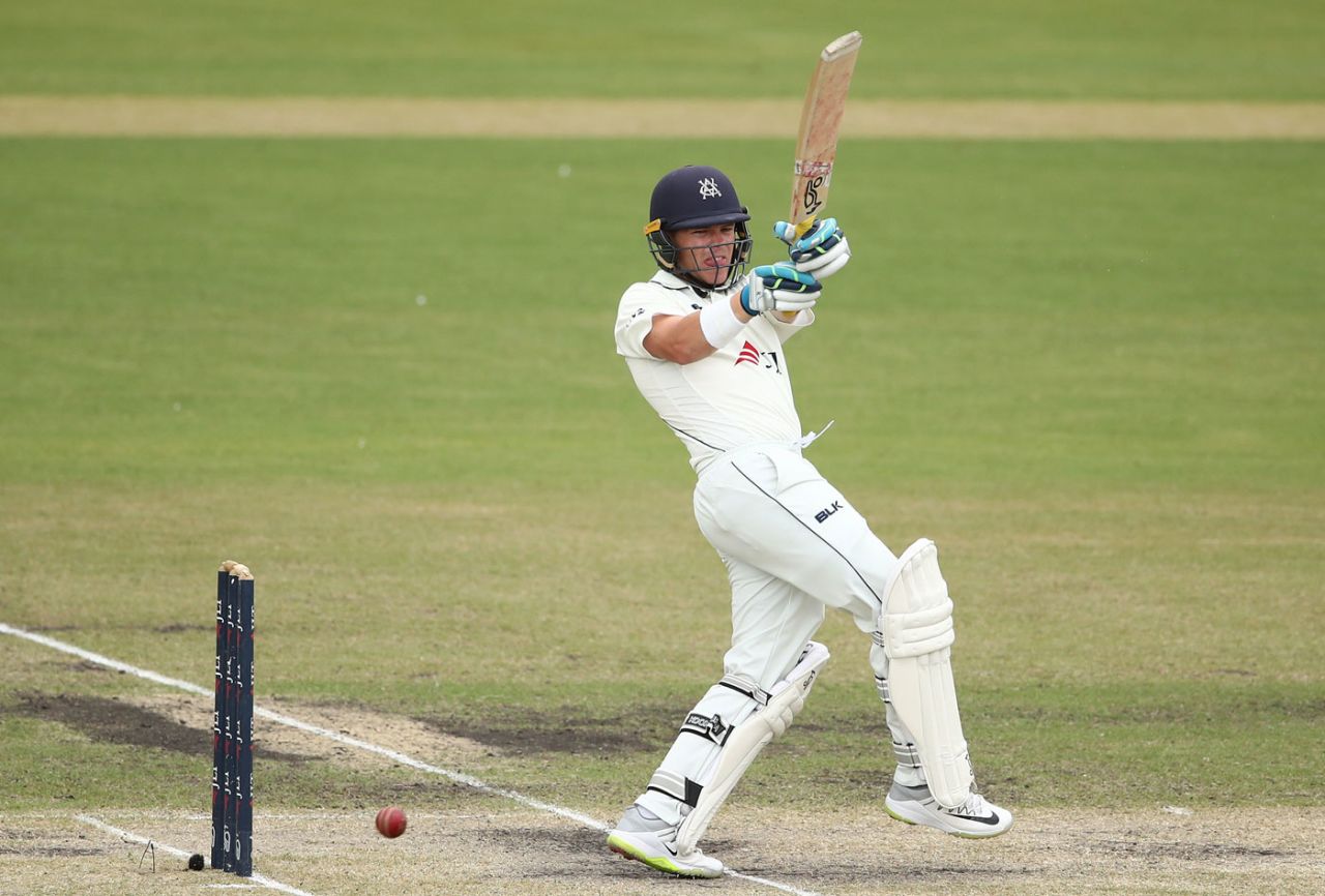 Marcus Harris gets on top of a short delivery, Victoria v New South Wales, Final, Sheffield Shield 2018-19, Melbourne, March 29, 2019