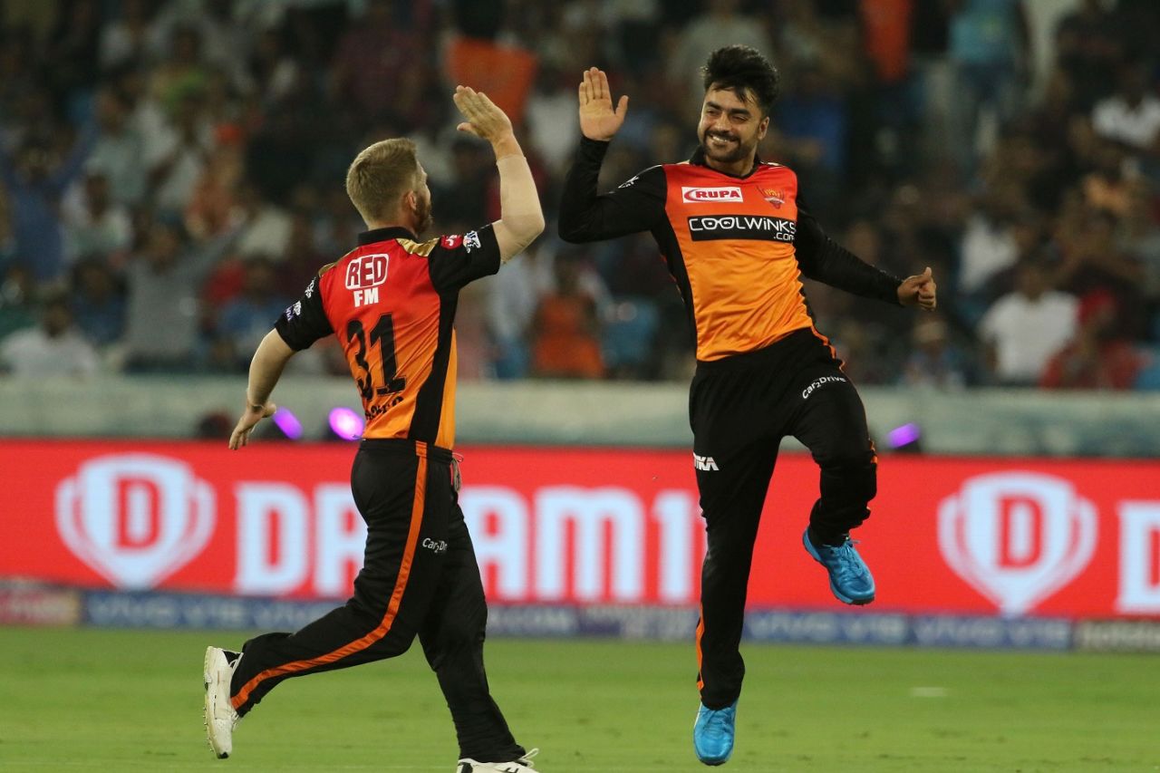 Rashid Khan and David Warner celebrate the early wicket of Jos Buttler, Sunrisers Hyderabad v Rajasthan Royals, Indian Premier League 2019, Hyderabad, March 29, 2019