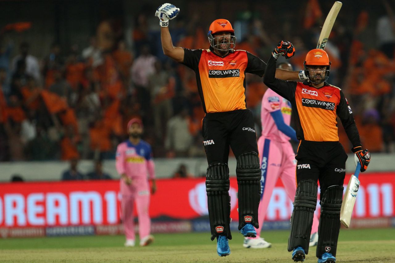 Rashid Khan postures as Yusuf Pathan screams in delight after Sunrisers Hyderabad's win, Sunrisers Hyderabad v Rajasthan Royals, Indian Premier League 2019, Hyderabad, March 29, 2019