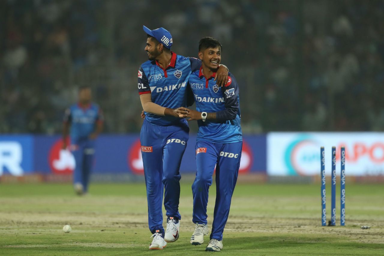 Sandeep Lamichhane celebrates with Shreyas Iyer, Delhi Capitals v Kolkata Knight Riders, IPL 2019, March 30, 2019