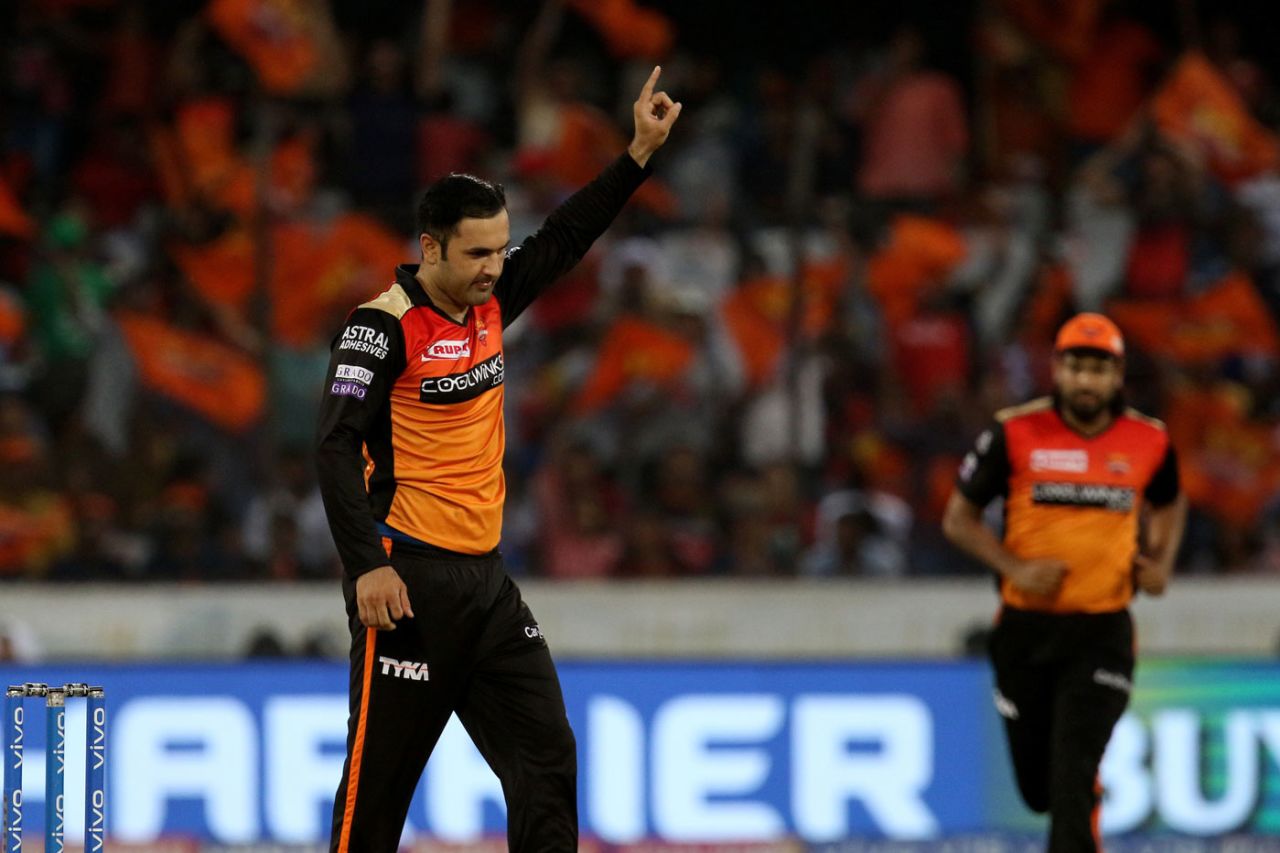 Mohammad Nabi celebrates a wicket, Sunrisers Hyderabad v Royal Challengers Bangalore, IPL 2019, Hyderabad, March 31, 2019