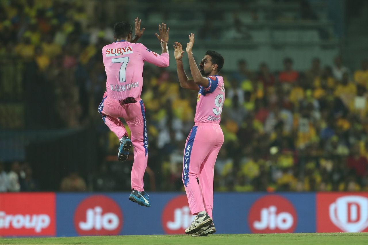 Dhawal Kulkarni and K Gowtham celebrate Kedar Jadhav's dismissal, Chennai Super Kings v Rajasthan Royals, IPL 2019, Chennai, March 31, 2019