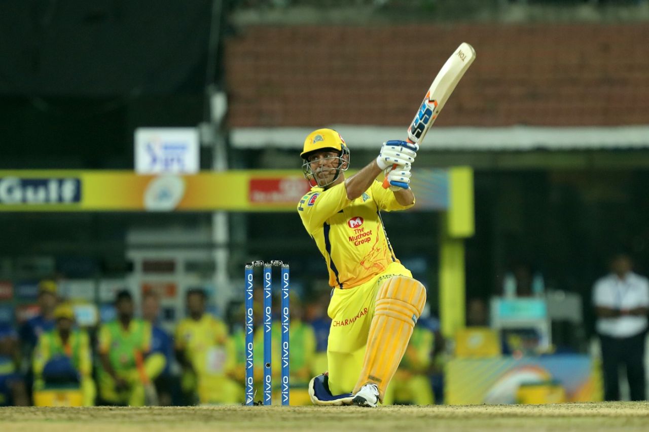MS Dhoni goes over extra cover, Chennai Super Kings v Rajasthan Royals, IPL 2019, Chennai, March 31, 2019