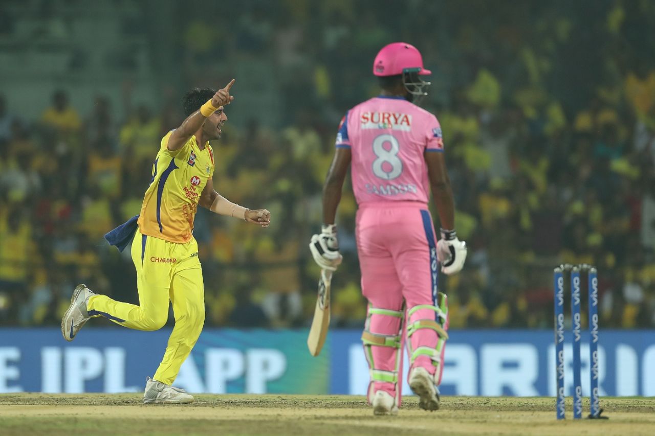 Deepak Chahar took two wickets in his opening spell, Chennai Super Kings v Rajasthan Royals, IPL 2019, Chennai, March 31, 2019