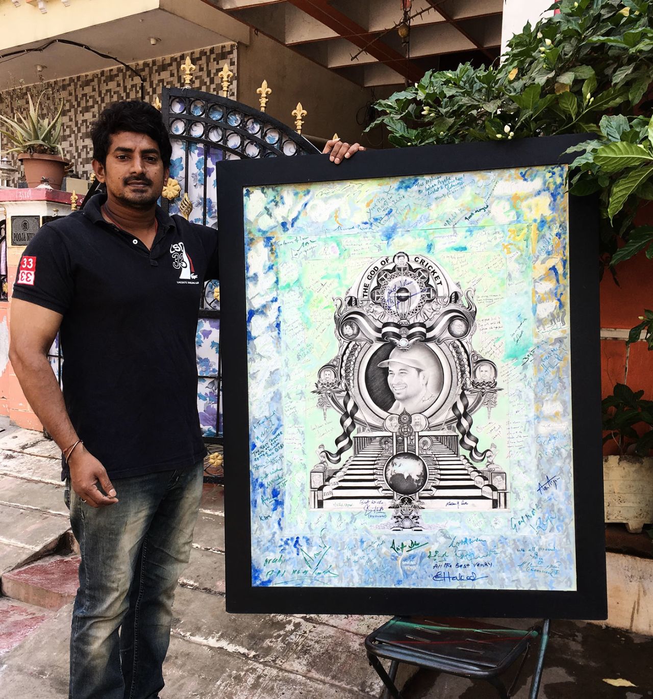 Venkatesh Kandunoori with his painting of cricketers on which he collects autographs, Hyderabad, March 31, 2019
