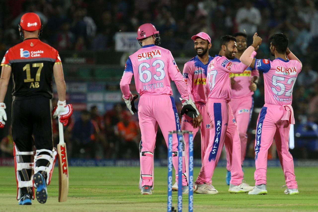 Shreyas Gopal celebrates with his team-mates after dismissing AB de Villiers, Rajasthan Royals v Royal Challengers Bangalore, IPL 2019, Jaipur, April 2, 2019