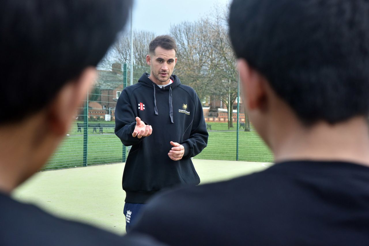 Alex Hales speaks at a Chance to Shine Street event