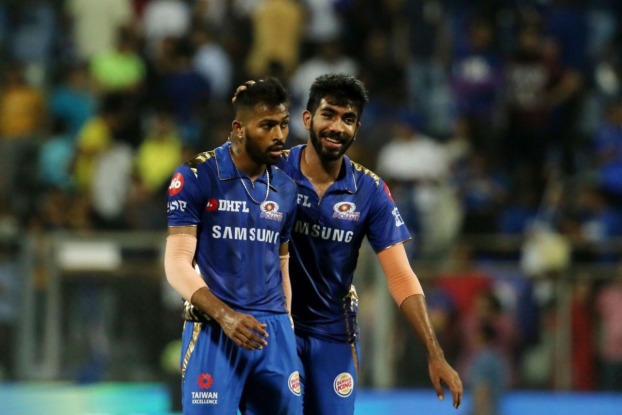 Jasprit Bumrah ruffles Hardik Pandya's hair in joy, Mumbai Indians v Chennai Super Kings, IPL 2019, Mumbai, April 3, 2019