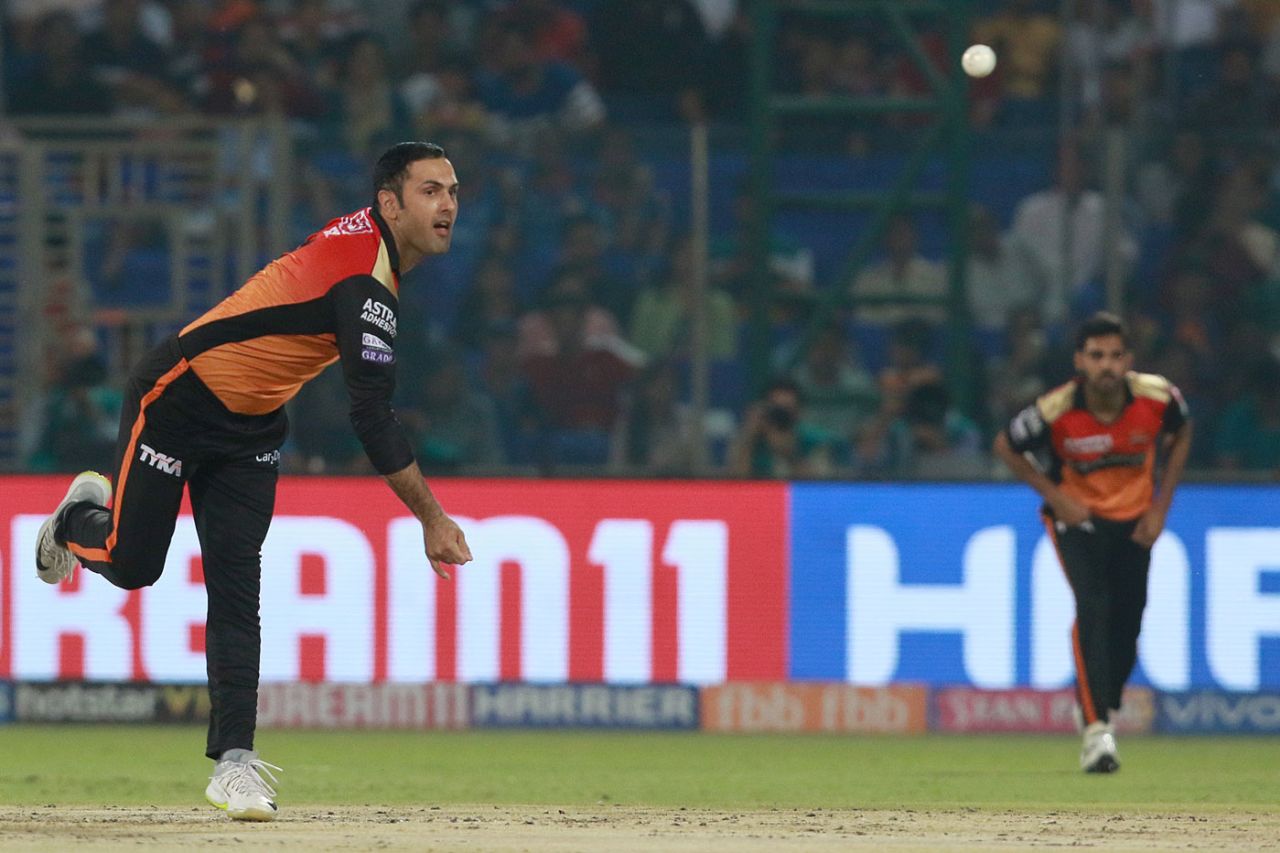 Mohammad Nabi in his follow-through, Delhi Capitals v Sunrisers Hyderabad, IPL 2019, Delhi, April 4, 2019