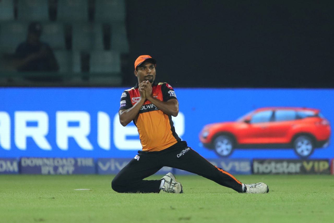 Sandeep Sharma holds on to a catch, Delhi Capitals v Sunrisers Hyderabad, IPL 2019, Delhi, April 4, 2019