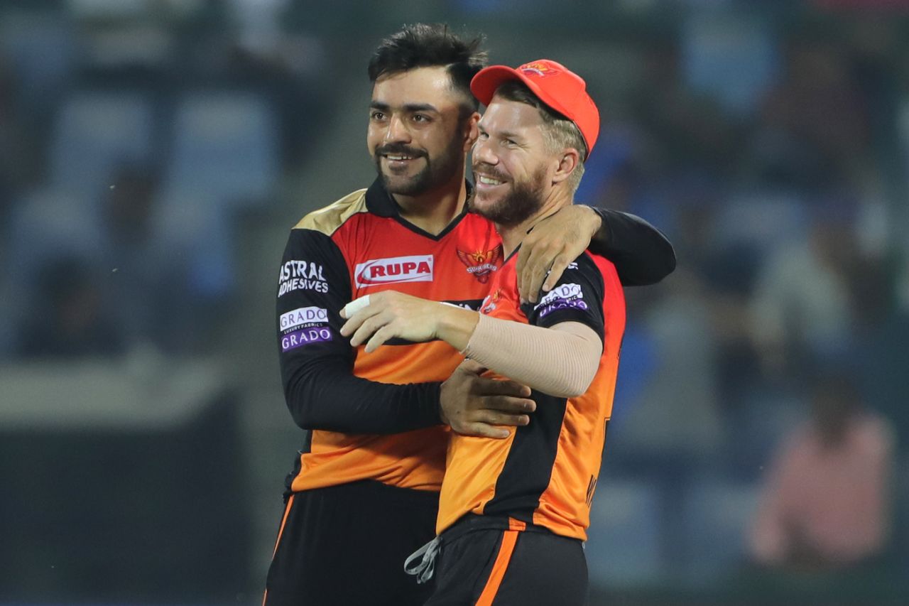 Rashid Khan and David Warner share a light moment, Delhi Capitals v Sunrisers Hyderabad, IPL 2019, Delhi, April 5, 2019