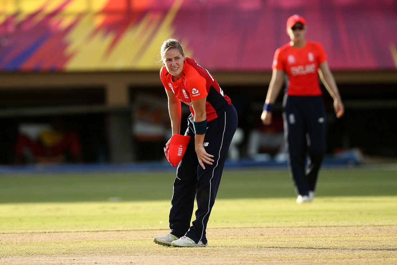 Katherine Brunt rests her hands on her knees before leaving the field, England v India, warm-up match, Women's World T20, Georgetown Guyana, November 7, 2018