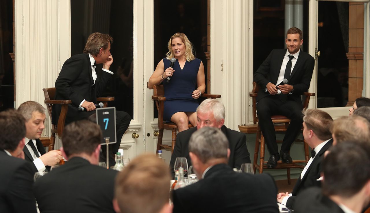 Mark Nicholas, Katherine Brunt and Dawid Malan at a q&a during the PCA Long Room Dinner, Lord's, April 12, 2018