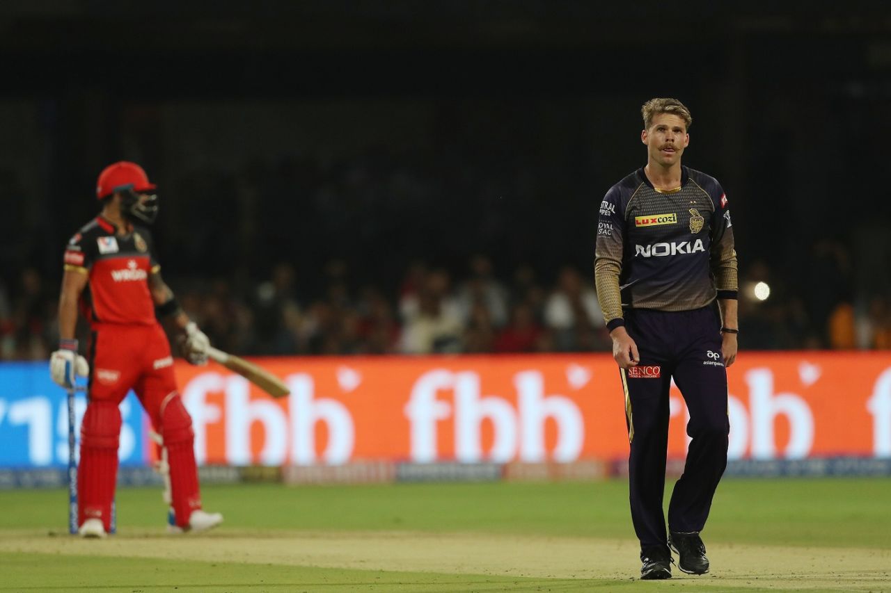Lockie Ferguson reacts after bowling, Royal Challengers Bangalore v Kolkata Knight Riders, IPL 2019, Bengaluru, April 5, 2019

