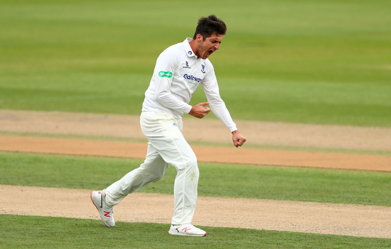 Mir Hamza celebrates a wicket on debut, Sussex v Leicestershire, County Championship Division Two, Hove, April 5, 2019