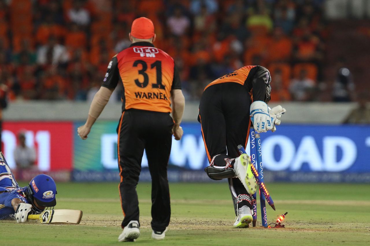 Jonny Bairstow knocks the stump out of the ground to dismiss Ishan Kishan, Sunrisers Hyderabad v Mumbai Indians, IPL 2019, Hyderabad, April 6, 2019