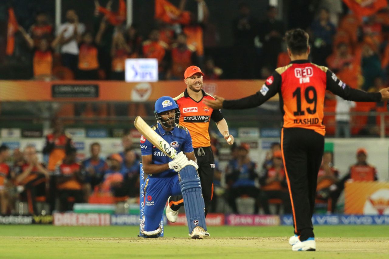 You win: Hardik Pandya smiles at Rashid Khan after holing out to deep midwicket, Sunrisers Hyderabad v Mumbai Indians, IPL 2019, Hyderabad, April 6, 2019