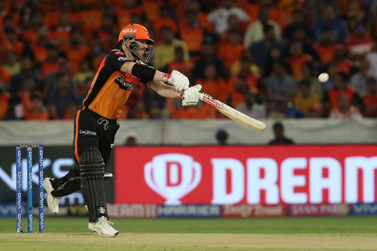 David Warner gets down the track and lofts one over cover, Sunrisers Hyderabad v Mumbai Indians, IPL 2019, Hyderabad, April 6, 2019