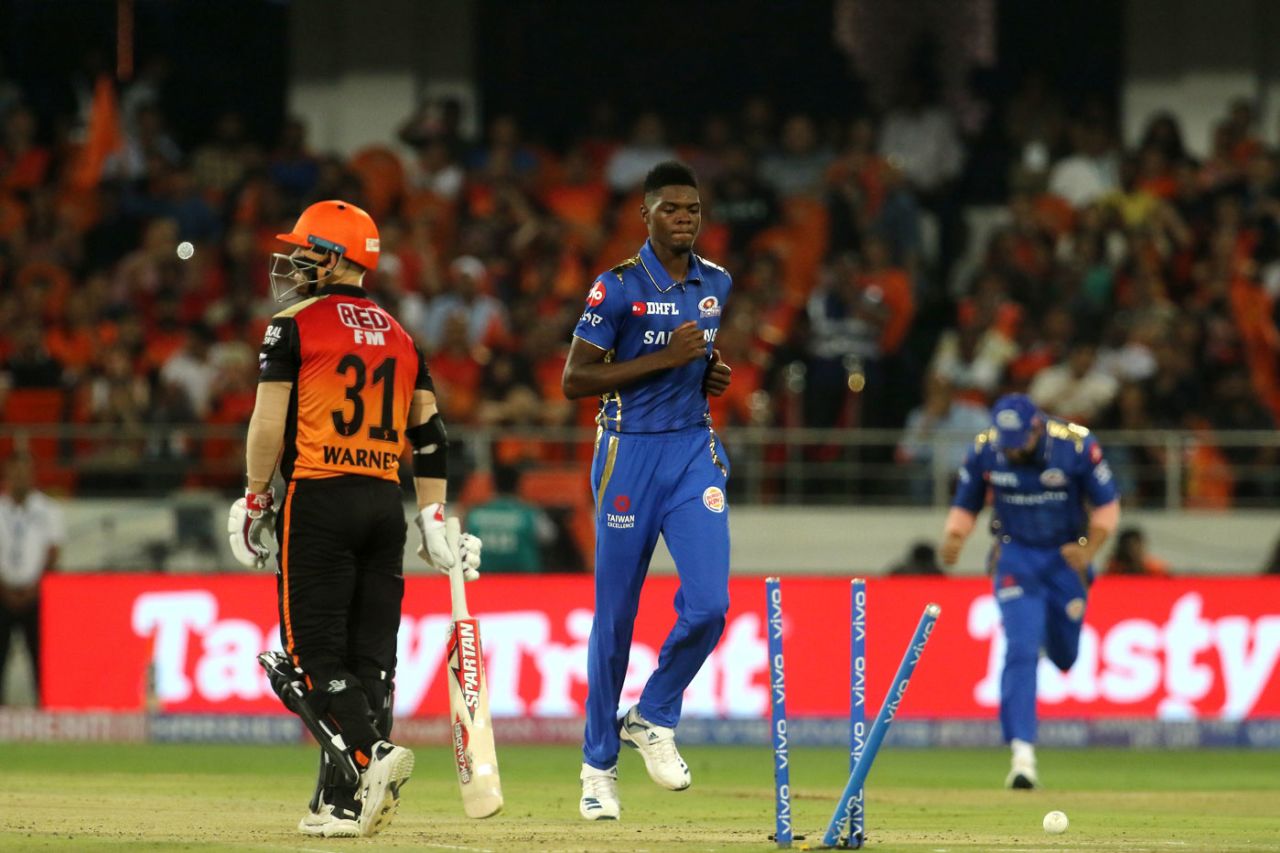 Alzarri Joseph examines the damage after getting David Warner, Sunrisers Hyderabad v Mumbai Indians, IPL 2019, Hyderabad, April 6, 2019