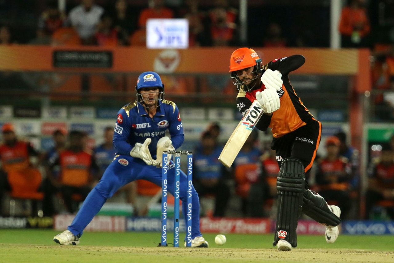 Manish Pandey drives down the ground, Sunrisers Hyderabad v Mumbai Indians, IPL 2019, Hyderabad, April 6, 2019