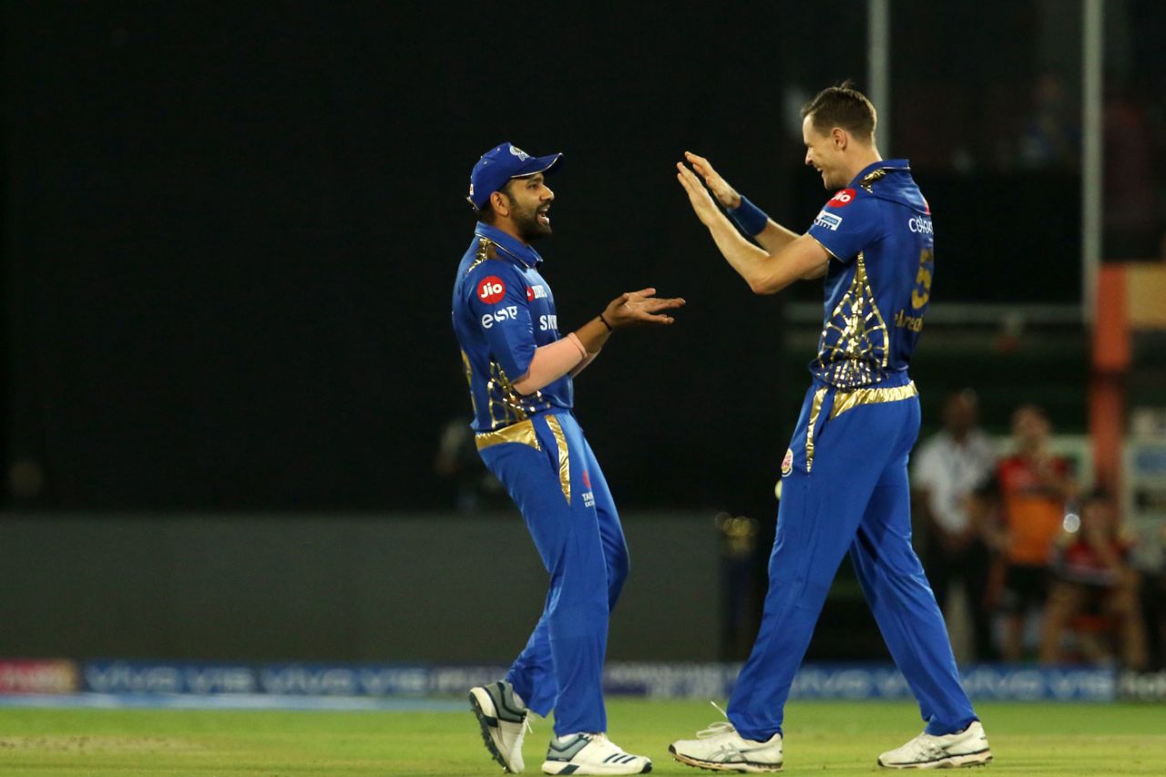 Rohit Sharma celebrates with Jason Behrendorff after they combine to take a wicket, Sunrisers Hyderabad v Mumbai Indians, IPL 2019, Hyderabad, April 6, 2019