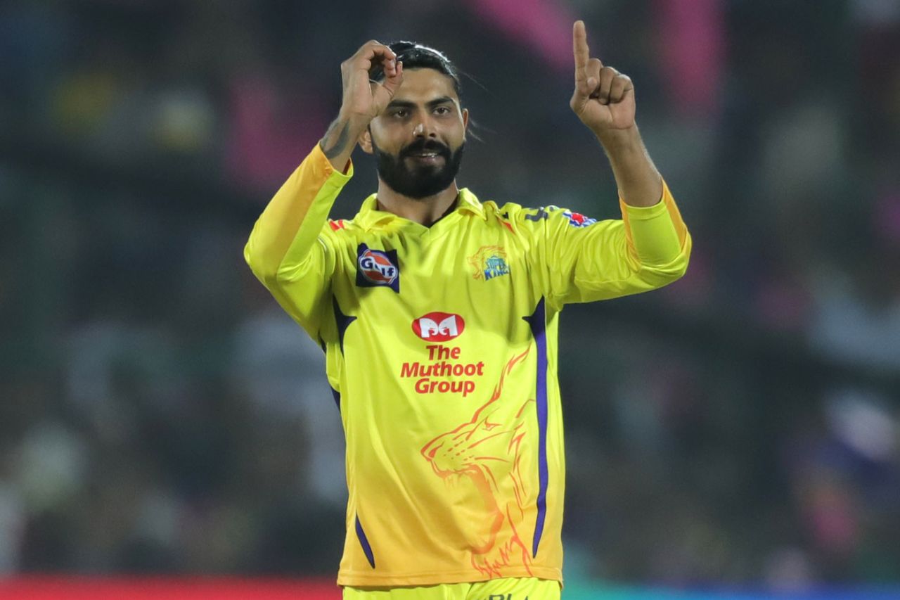 Ravindra Jadeja signals to the dugout after taking this 100th wicket in the IPL, Rajasthan Royals v Chennai Super Kings, IPL 2019, Jaipur, April 11, 2019