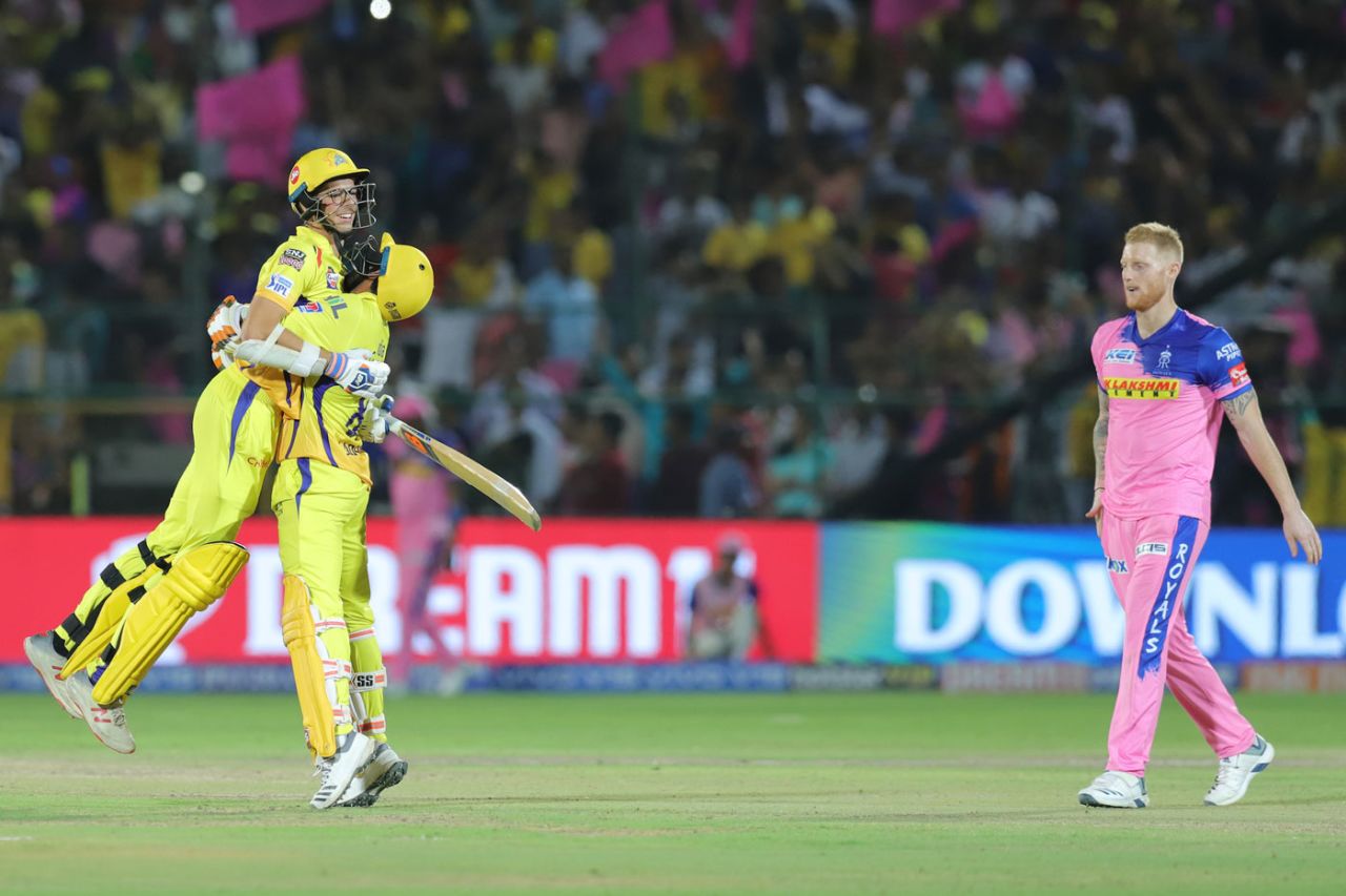 Ravindra Jadeja hugs Mitchell Santner after his last-ball six, while bowler Ben Stokes cuts a forlorn figure, Rajasthan Royals v Chennai Super Kings, IPL 2019, Jaipur, April 11, 2019